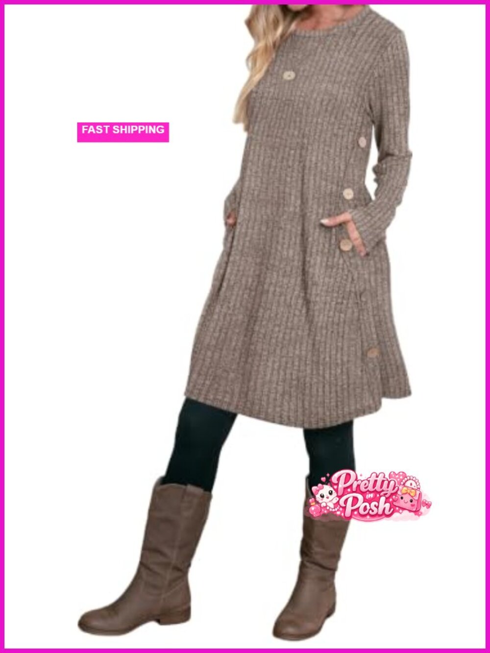 Women's Crew Neck Long Sleeve Swing Dress with Pockets Above Knee